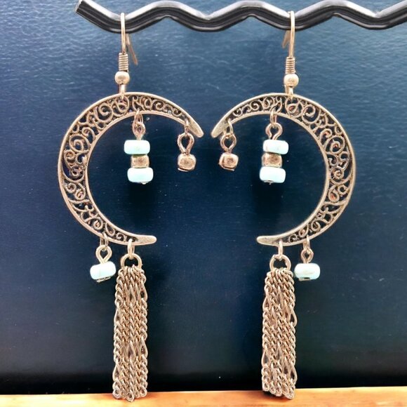 Crescent Moon Filigree Boho Earrings - Picture 1 of 5